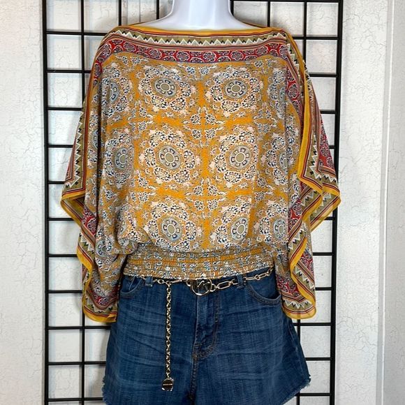 Max Studio Tops - Max Studio Women's Semi-Sheer Yellow, Red Gathered Waist Scarf Top Size M - NWT